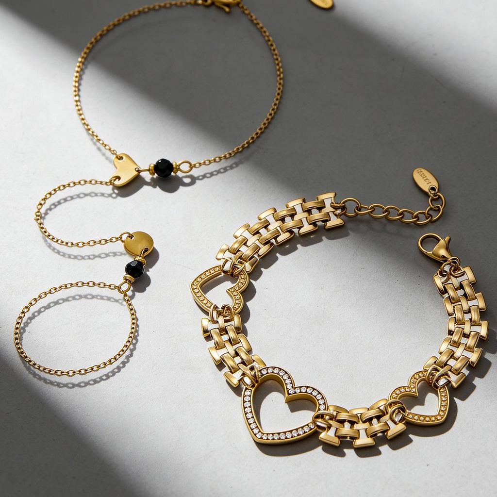 18K Gold-Plated Stainless Steel Heart Watch Strap & Natural Stone Ring Set with Cubic Zirconia