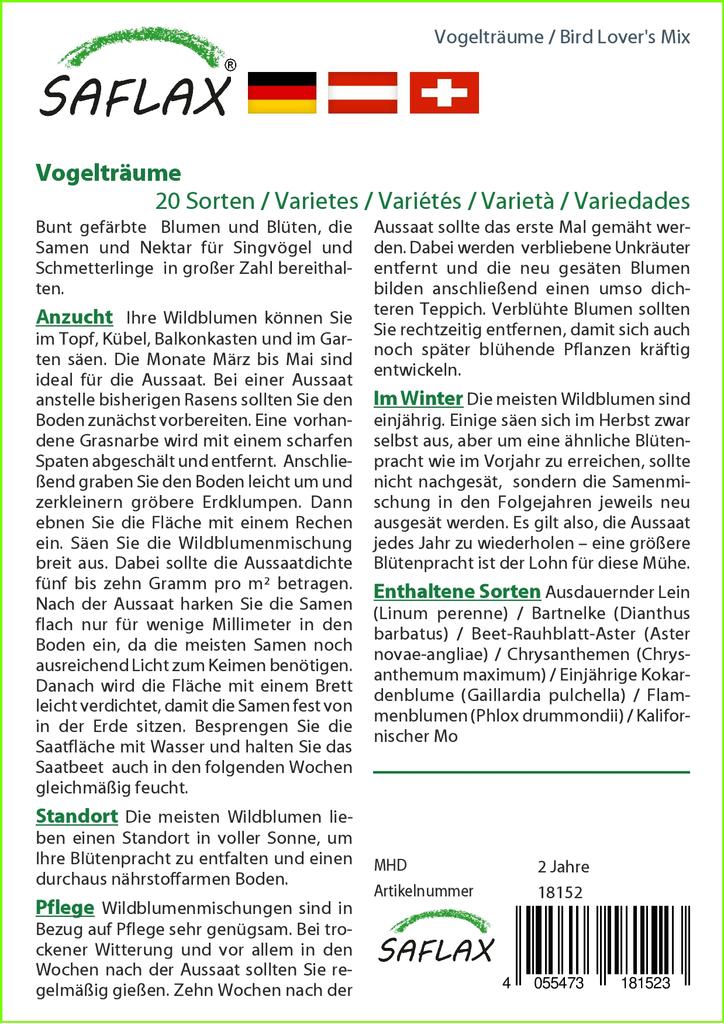 SAFLAX Bird Lover's Mix - 1000 Seeds - 20 Wildflower Mix