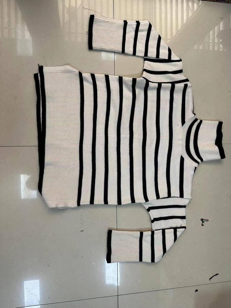 2023 Women's Striped High Neck Loose Knit Sweater with Side Slits