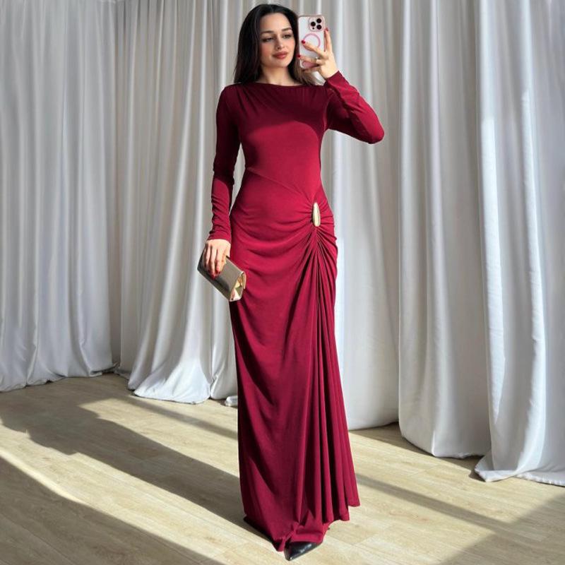 2025 European/American Bodycon Sheath Dress: Solid Color, Long Sleeve, Round Neck, Button & Pleated Details