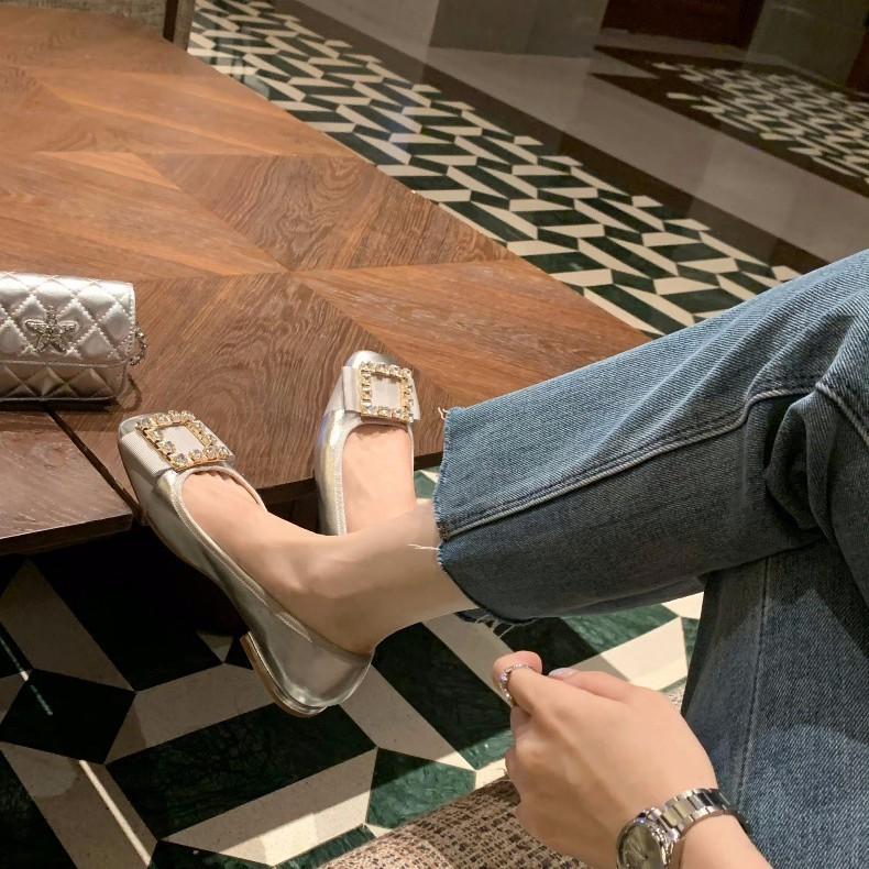 Cowhide Version~ Rhinestone Silver Genuine Leather Mary Jane Single Shoes Women's Buckle Soft-soled Ladyshoes French Flat Shoes Small Leather Shoes