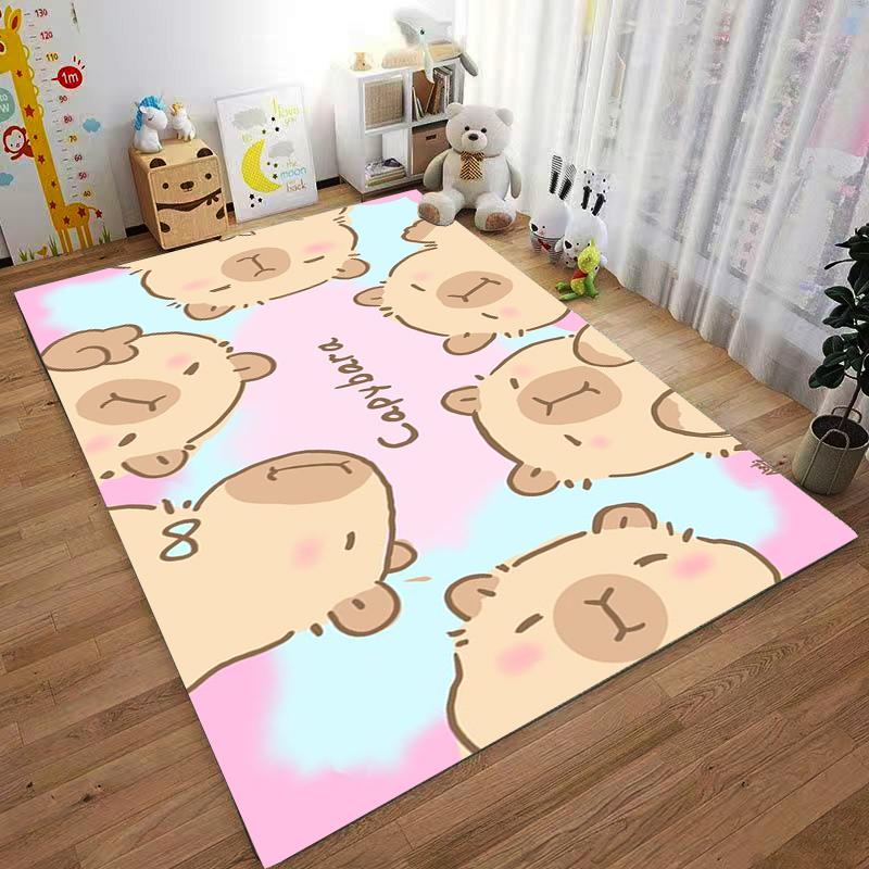 Cute Capybara Cartoon Design Carpet with Pastel Pink and Blue Background Suitable for use as an anti-slip for living room bedroom sofas
