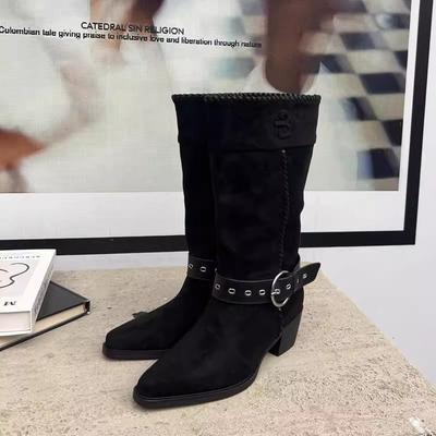 Cowhide Version White Deer Thick Heel Medium Boots Retro Belt Buckle Pointed Western Cowboy Boots Genuine Leather Knight Boots