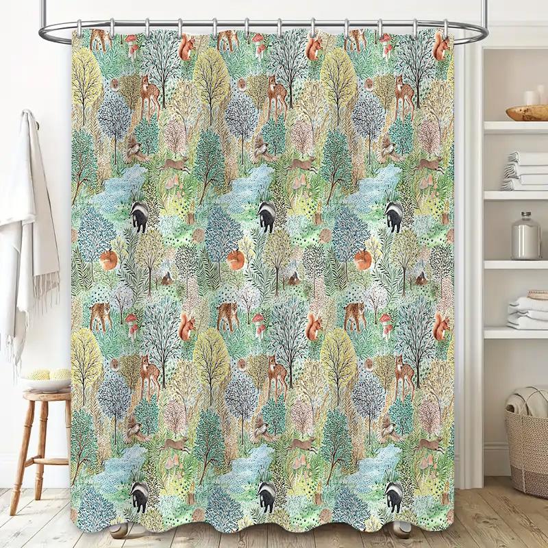 Forest Deer Woodland Shower Curtain Nature Trees Animals Bathroom Decor Vintage Rustic Cottagecore Home Decor Set