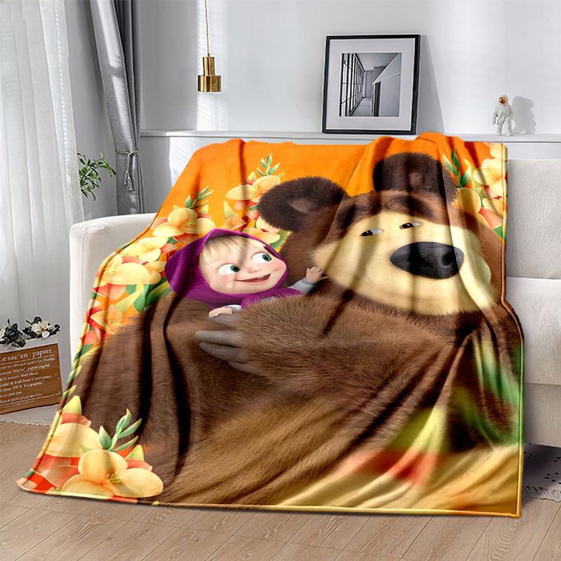 Msha and Bear Flannel Blanket Soft Warm All-Season Throw, Design for Camping, Car Travel, Hiking Sofa, Bed, Office Perfect Gift for Parties