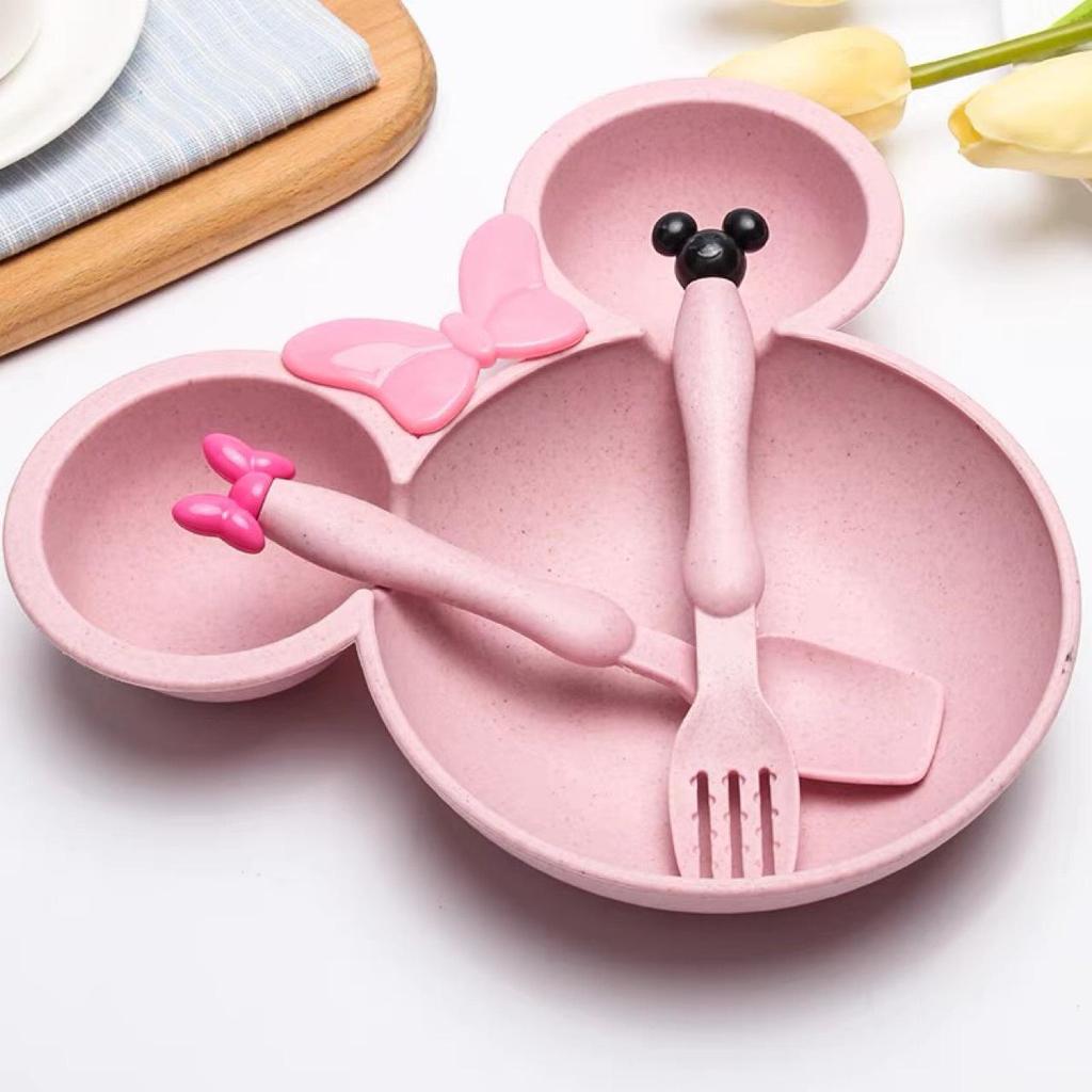Cute Children's Wheat Straw Tableware Set: Rice Bowl, Eating Plate, Spoon, and Fork - Perfect Baby Gift