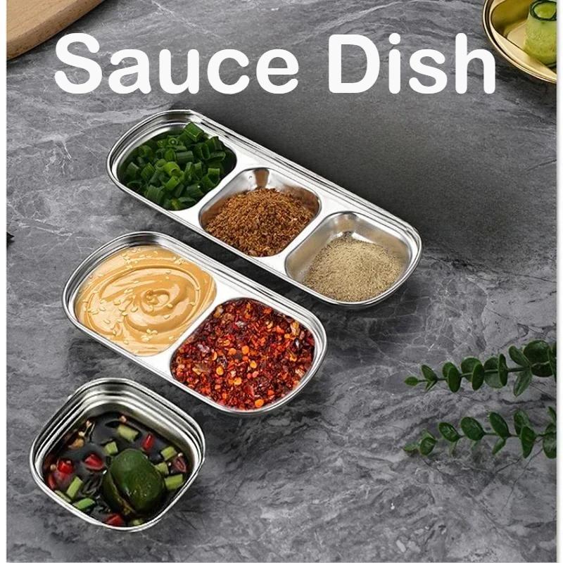 1PC Stainless Steel Sauce Dish, Divided Seasoning Sauce Dip Bowl, Korean Ketchup Sauce Bowl, Vinegar Soy Spice Condiment Tray