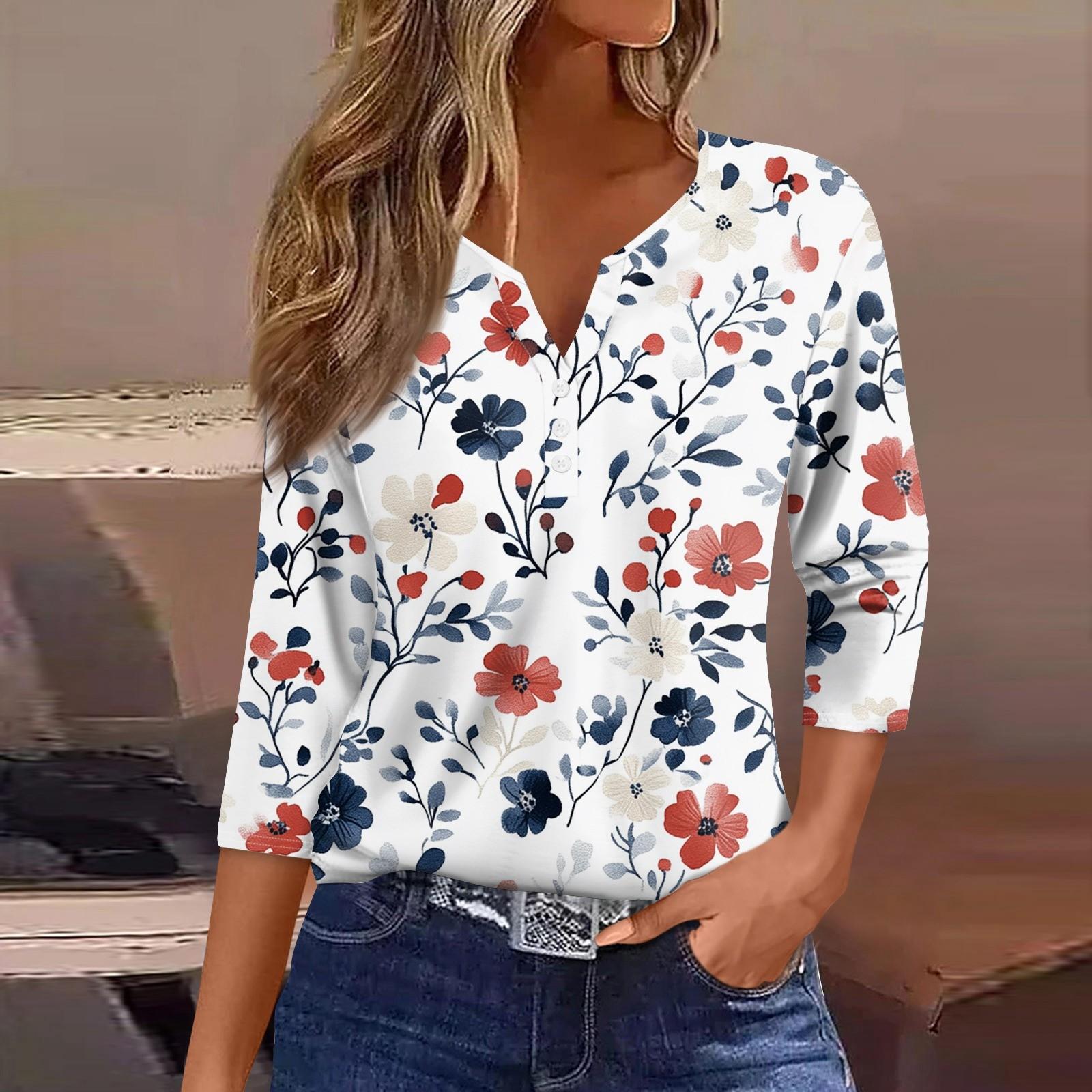 

Жіноча футболка з принтом на ґудзиках, рукав 3/4, щоденна мода на вихідні, базовий V-подібний виріз, звичайний топ XL винний