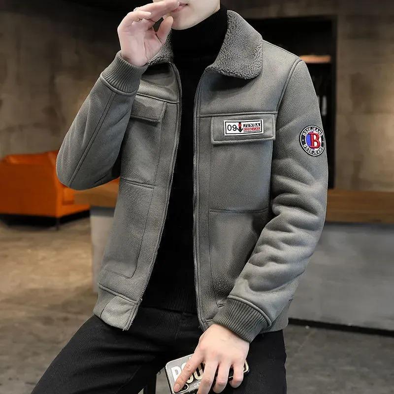 Winter Wildleder Revers Jacke Mantel Herren Fleece Verdickt Warm Hübsch Locker Lässige Jacke Oberteile Herrenbekleidung
