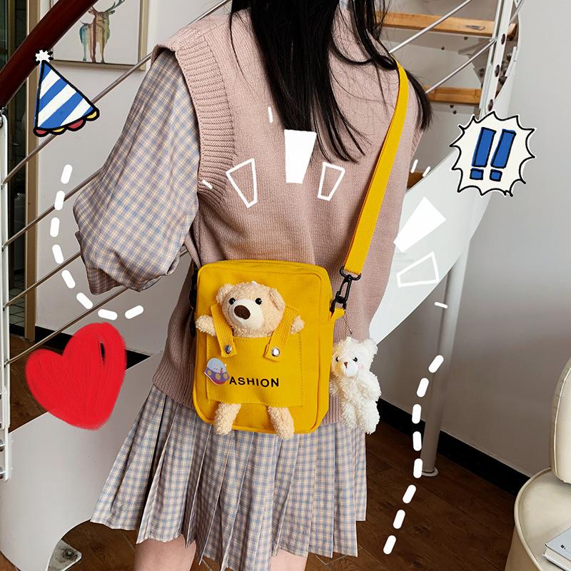 Cute Canvas Bear Bag Female Messenger 2025 New Personalized Harajuku Student Shoulder Mobile Phone Bag