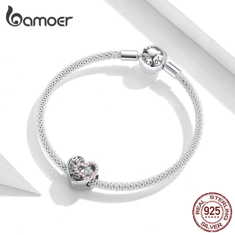BAMOER Heart Shape Charm Fit Original Silver 925 Bracelet Pink CZ Heart In Heart Love Openwork Beads