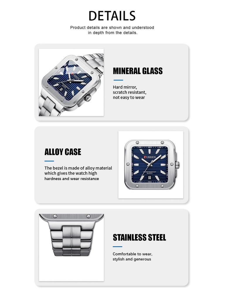 CURREN 8479 Unisex Minimalist Square Quartz Wristwatch with Calendar