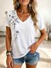 Women's Minimalist Floral Line Print V-Neck T-Shirt, Casual Short Sleeve Tops, Elegant Daily Wear for Spring & Summer