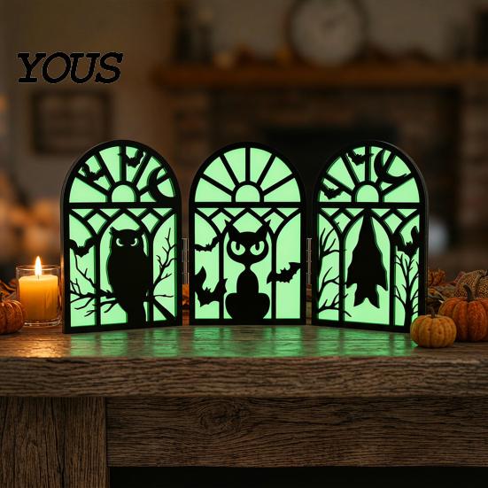Stable Solid Wood Halloween Ornament Glow-in-the-Dark Table Decoration, Witch Ghost Silhouette Design, Foldable Tabletop Decor Luminous Ornament, for