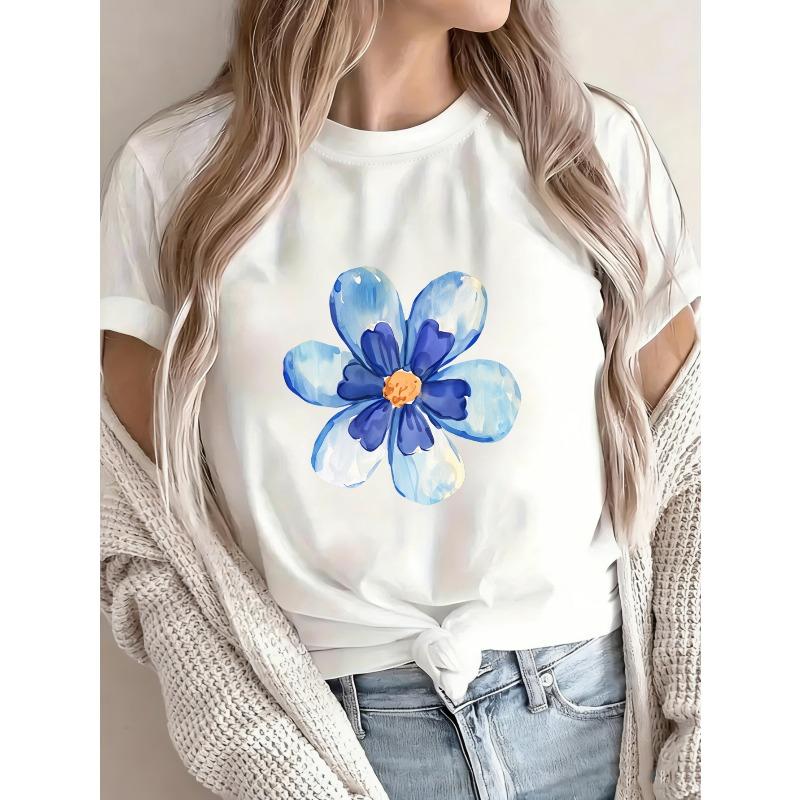 Casual T Shirt White Blue Flower Print Summer Outfit Women Fashion Top For Everyday Wear