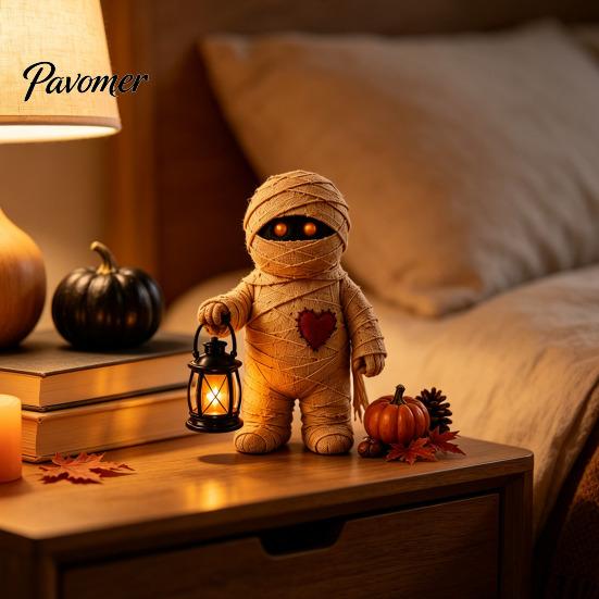Atmospheric Window Displays Wooden Halloween Figurine with Lantern, Pumpkin Scarecrow Skeleton Mummy Ghost Witch Seasonal Tabletop Accessories Statue,