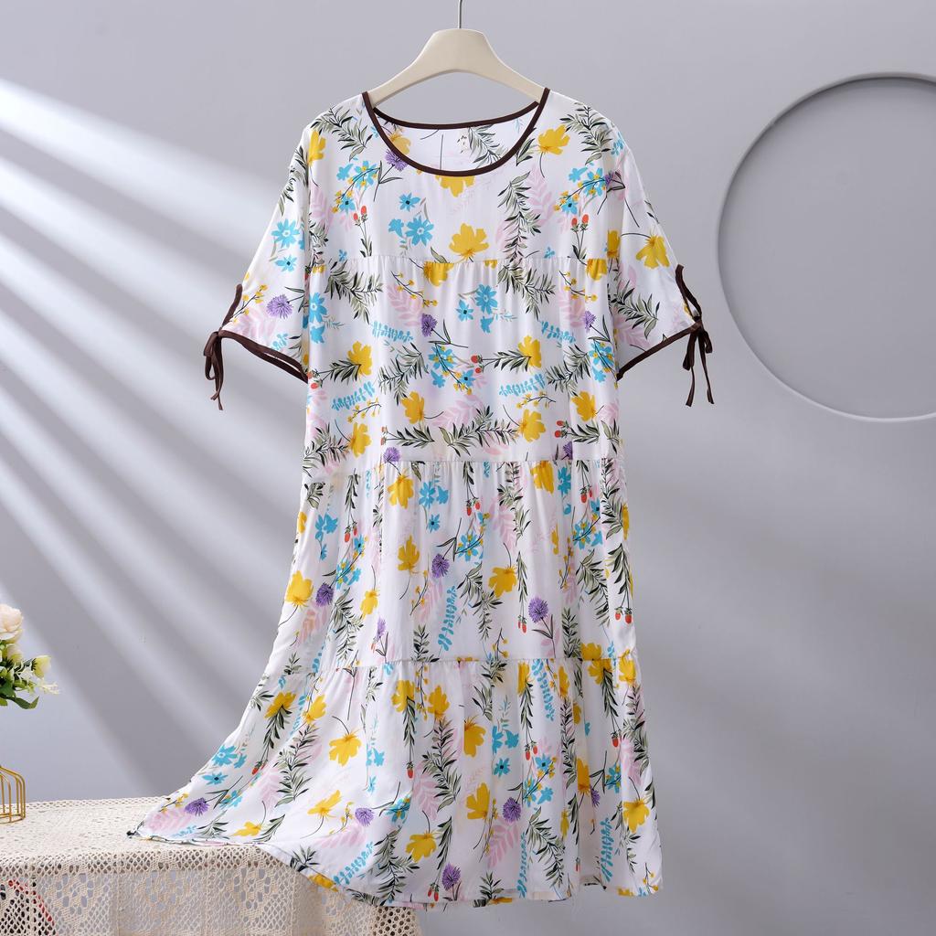 Spot new women's cotton silk spring, summer and autumn thin loose cake nightgown simple and comfortable loungewear