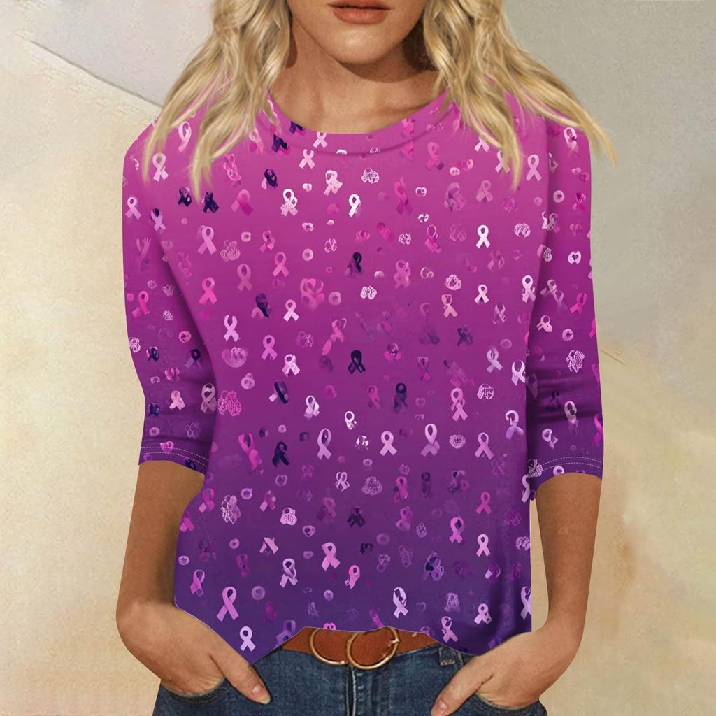 Women's Fashion Casual Seven Split Sleeve Printed Loose Round Neck Top