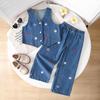 Two-piece Set for Girls and Toddlers: Casual and Stylish Colorful Embroidered Button-down Cardigan Top and Embroidered Blue Straight-leg Jeans.