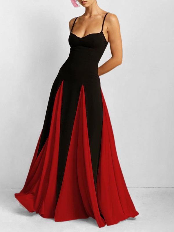 2025 Spring Women's Fashion Color Block Sling Dress with Loose Big Swing and Waist-Hugging Design