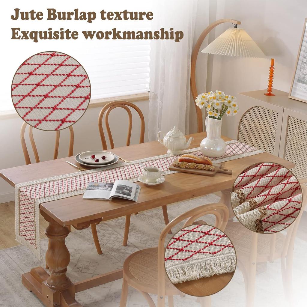 Bohemian Rustic Wedding Decor Cotton Linen Table Runner with Tassels