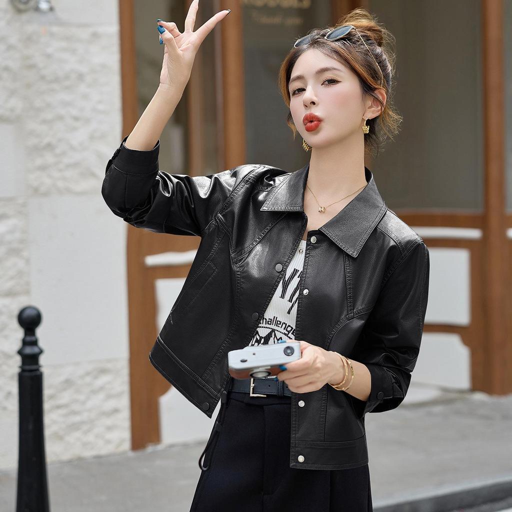 2025 Spring/Autumn Women's Genuine Lambskin Lapel Jacket - Trendy Short Casual Leather Coat