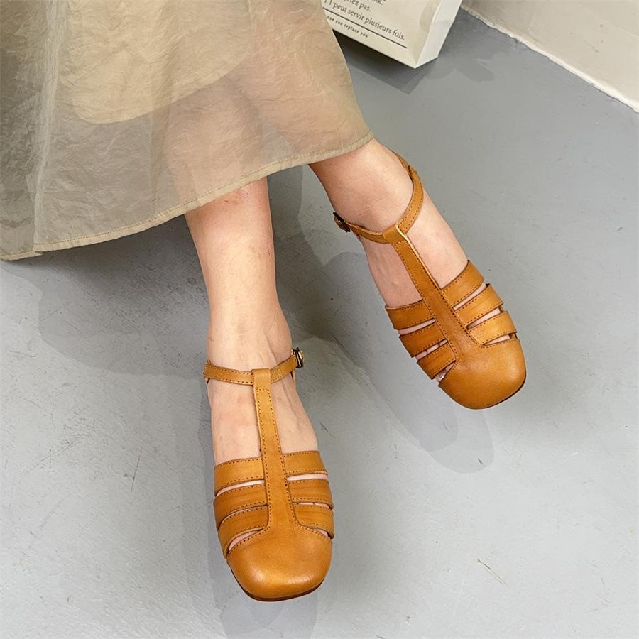 Johnature Handmade Genuine Leather Sandals Versatile Round Toe Buckle Strap Cowhide Flat Women's Shoes