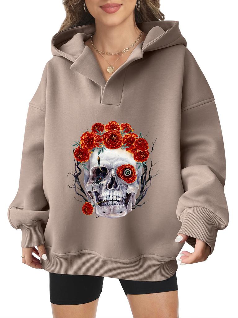 2025 new European and American Halloween women's hooded sweater front and rear pattern winter fleece loose casual