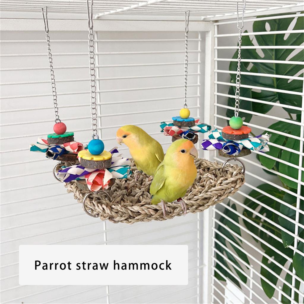 Natural Woven Parrot Hammock Chewing Toy With Wood Bead For Small Bird Cockatiel Budgie Swing Perch Cage Hanging Toy
