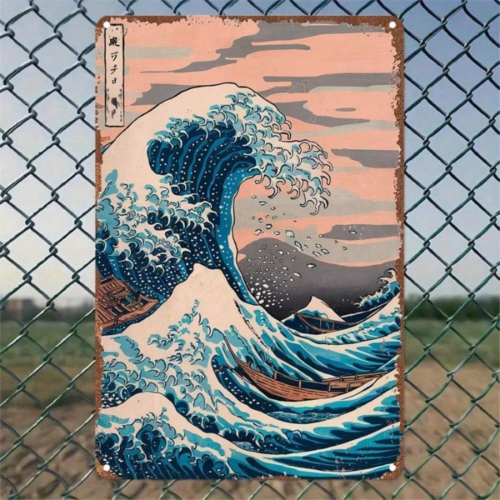 Vintage Metal Tin Sign Japanese Wave Wall Art Retro Home Decor for Cafe Bar Bedroom