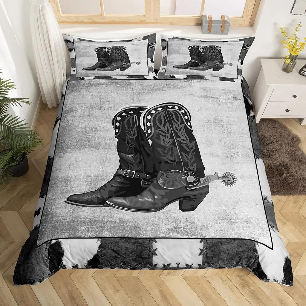 Western Cowboy Påslakanset Twin King Cowboys Stövlar Hatt Blommigt Sängklädesset Exotiskt Bondgård Ko-hud Lapptäcke Täcke