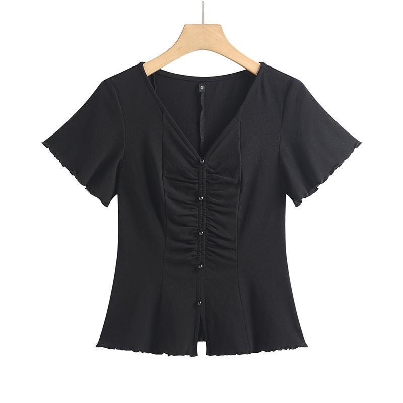 

Женская милая плиссированная хлопковая футболка с V-образным вырезом и рукавами-рюшами - 2025 Корейский стиль, облегающий крой Triple Extra Large чёрный