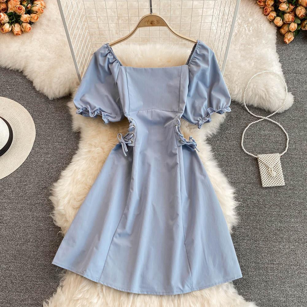 YYFS Damenmode Sommer Frühling Einfarbiger Druck Kurzarm Quadratischer Kragen Hohe Taille Freizeitkleider