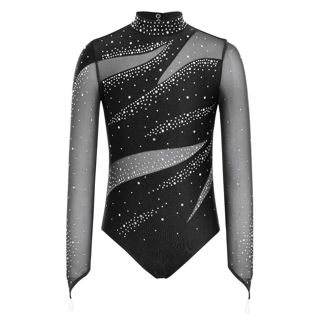 Leotardo de patinaje artístico para niñas Cuello alto Manga larga Espalda descubierta Parche de malla Patchwork Brillante Pedrería Bodis