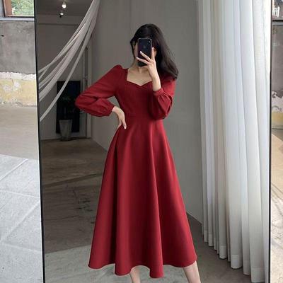 Damen Plus Size Französisches V-Ausschnitt Hepburn-Stil Langarm Schlankmachendes A-Linien-Kleid