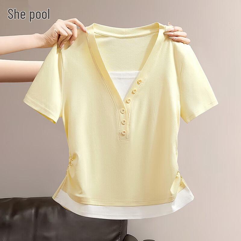 

Women s Faux Two-Piece Ruched Color-Block Short Sleeve Top M