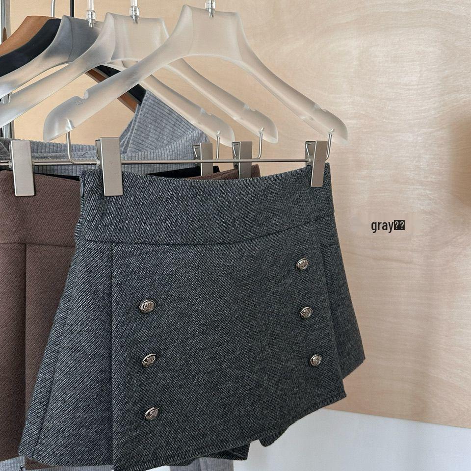 Petite High-Waisted Woolen A-Line Skort - Autumn & Winter Double-Breasted Style
