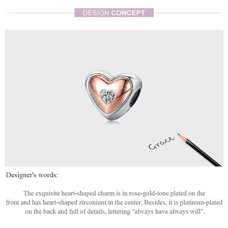 BAMOER 925 Sterling Silve Charm Two Color Heart Love Zircon Plated Rose Gold Fit Original Charms DIY Bracelets Bangles Jewelry