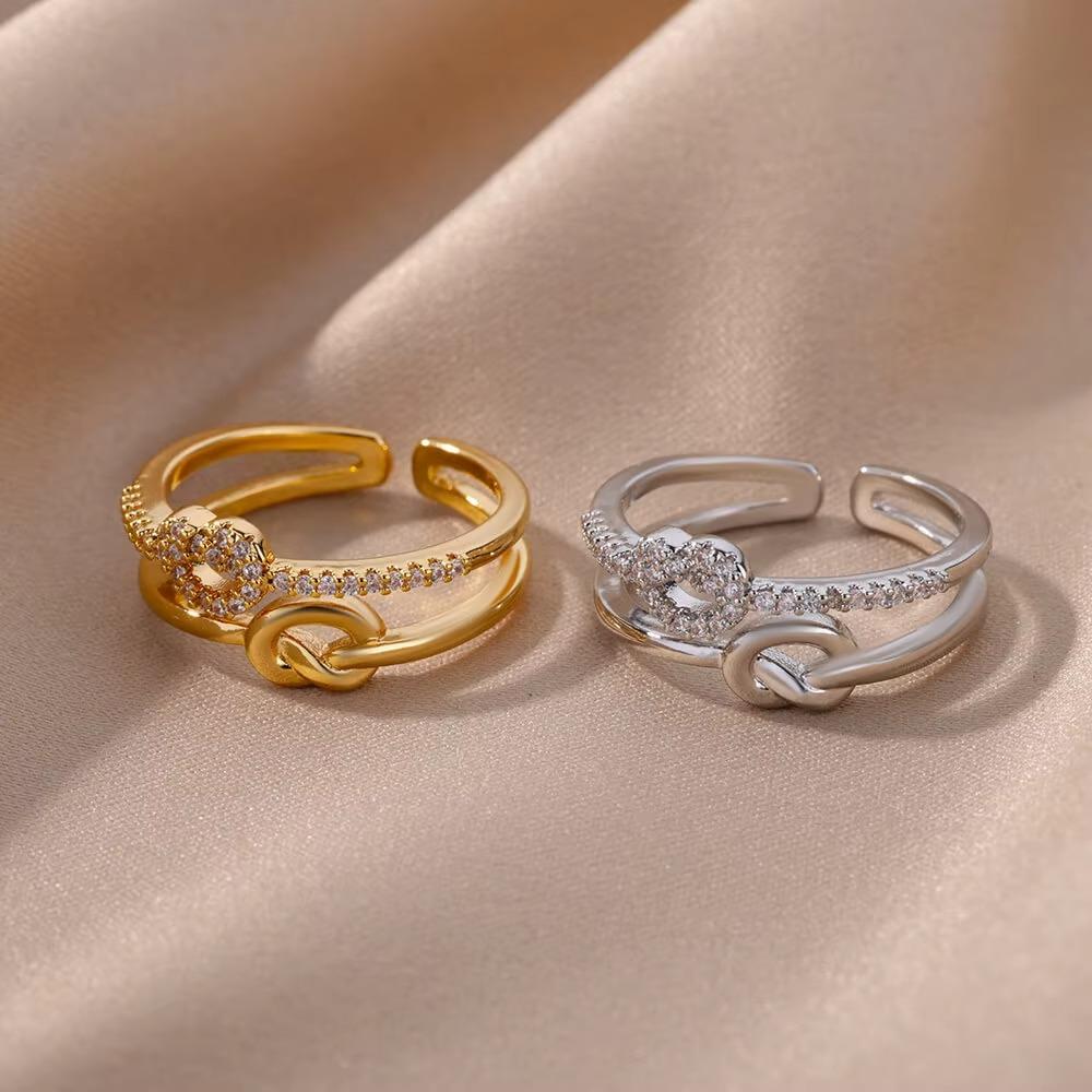 Minimalist Zircon Knot Open Rings For Women Gold Color Stainless Steel Adjustable Finger Rings Retro Jewelry Accessories