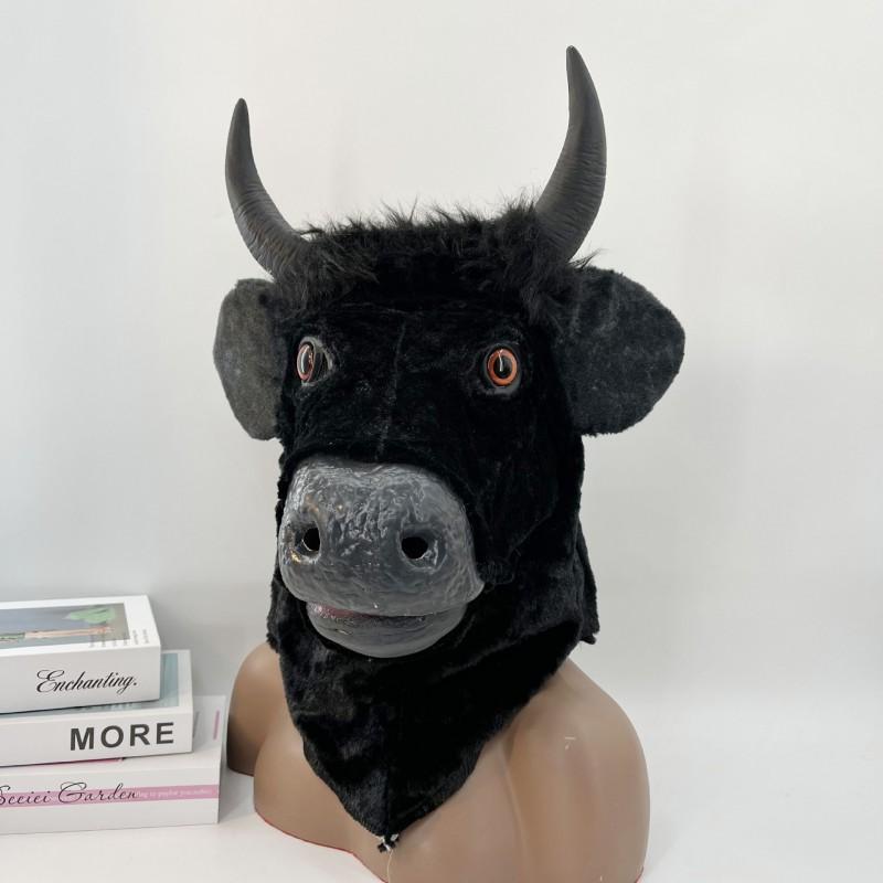 Halloween Moving Mouth Ox Horn Mask Scary Black Bull Head Cover Plush Animal Headgear Party