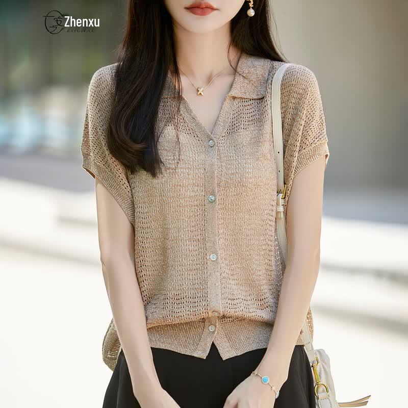 Zhenxu Women's Short Sleeve Lyocell Linen Blend Knit Cardigan