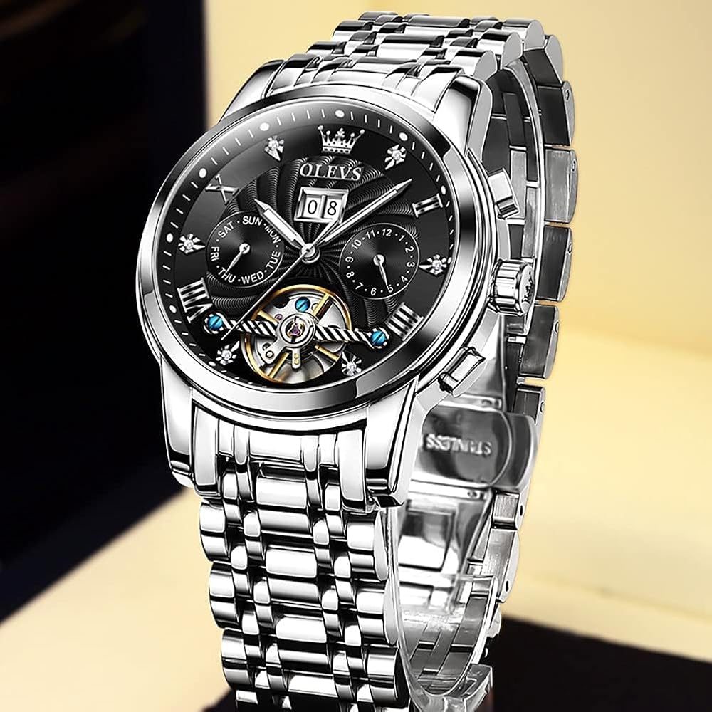 OLEVS Men's Automatic Watch Black Stylish Waterproof Calendar Display Business Fashion Timepiece