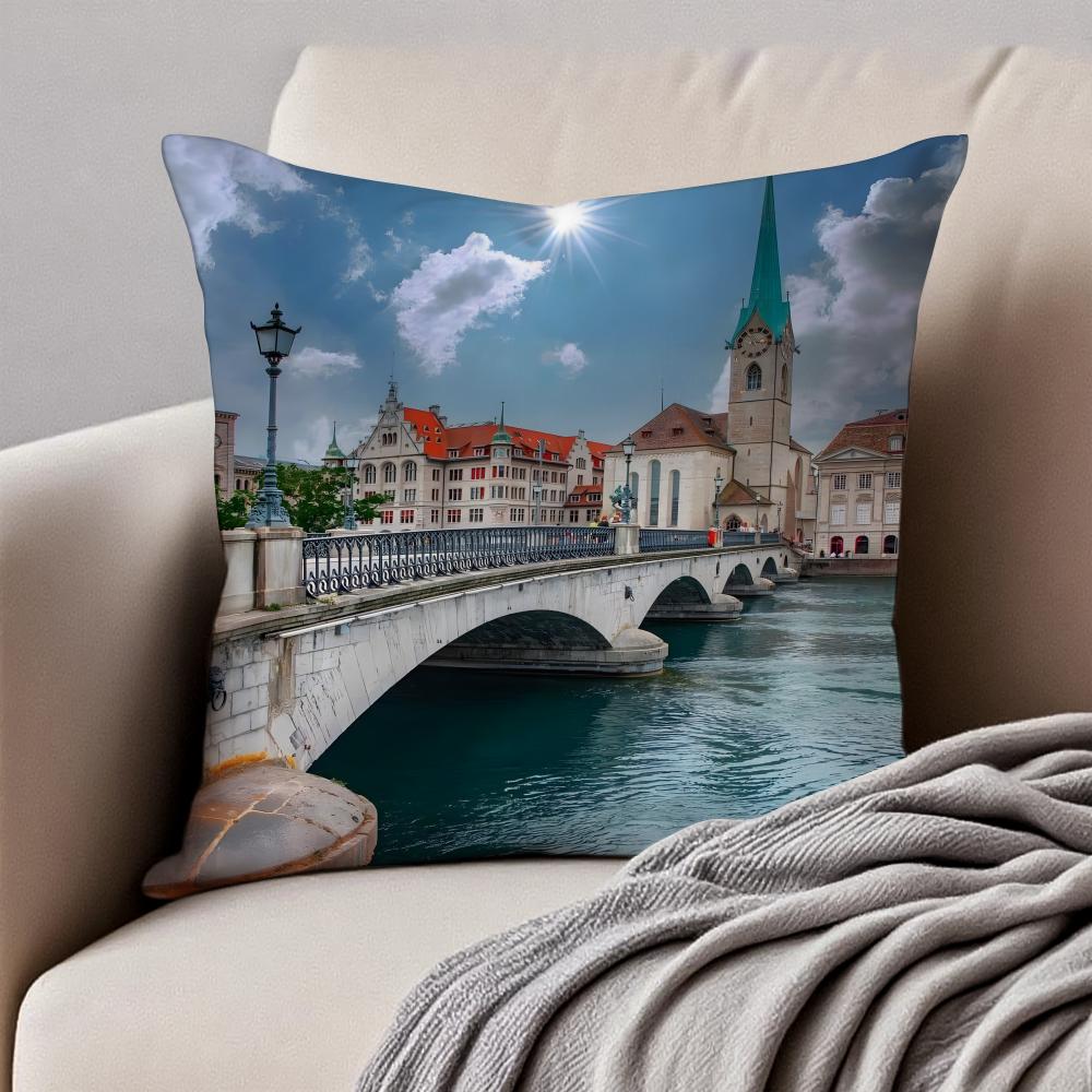 1PCS Classical LLake Zurich Cushion Cover Pillowcase Antidustmite Invisible Zipper Short Plush Sofa Cushion