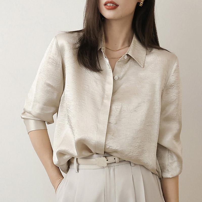 

Женские блузки, рубашки, весна 2025, женская блузка с длинным рукавом, рубашка с отложным воротником, шифоновая блузка, рубашка, женские топы J869 XL шампанского