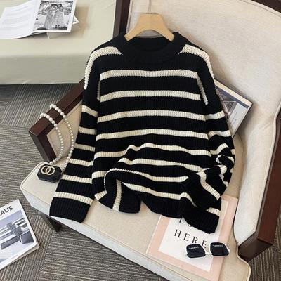 Spring Striped Loose Knit Pullover - Women's Korean Style