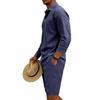 Men's Linen Summer Casual Long-Sleeve Polo Shirt and Shorts Set