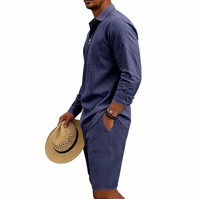 Men's Linen Summer Casual Long-Sleeve Polo Shirt and Shorts Set