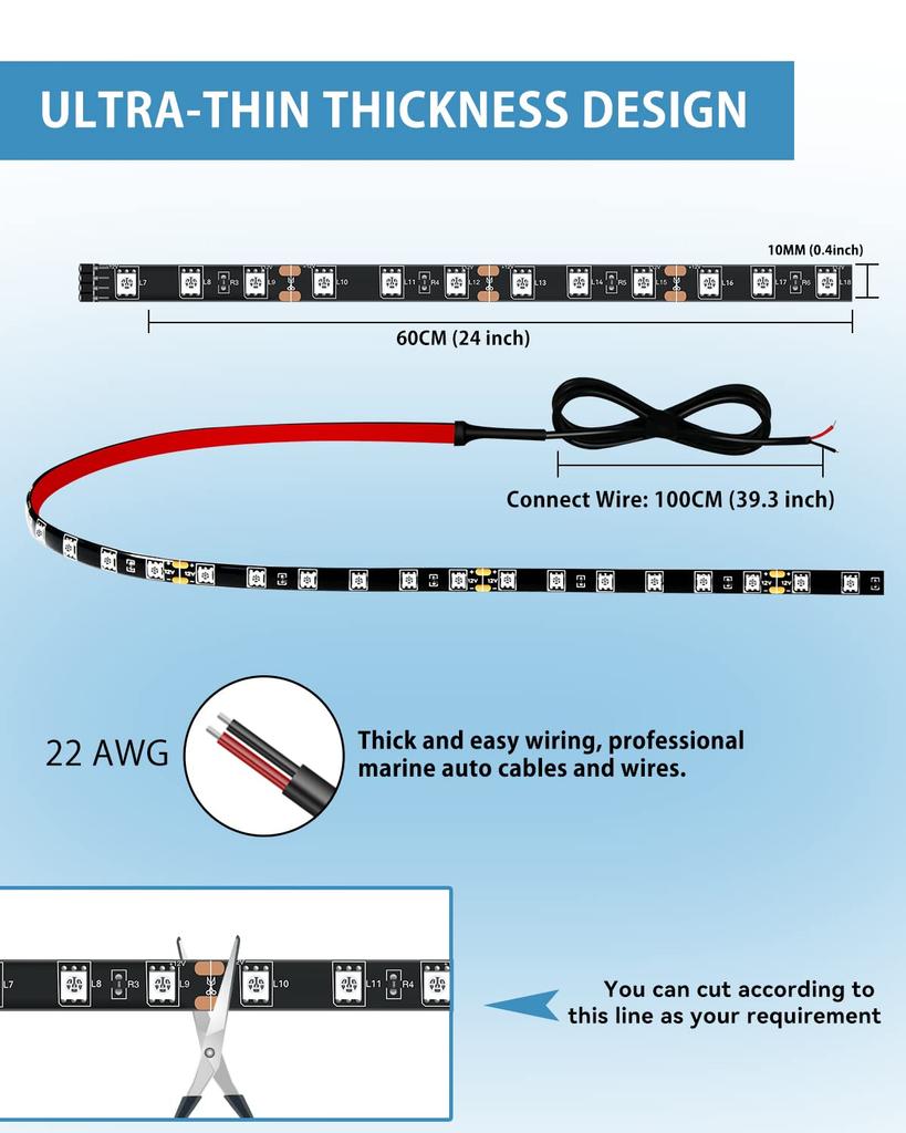 Can be connected to LED tape lights for inside the foot golf LED tape lights for high 4 pieces car, 60CM, footlights, lighting, motorcycle,