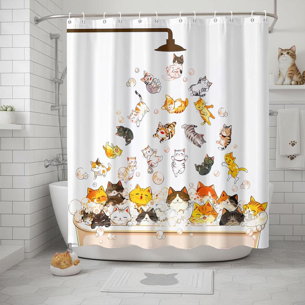 Cute Cartoon Cats Shower Curtain, Funny Kittens Bathing with Bubbles,Waterproof Fabric Bathroom Curtain for Kids Whimsical Decor