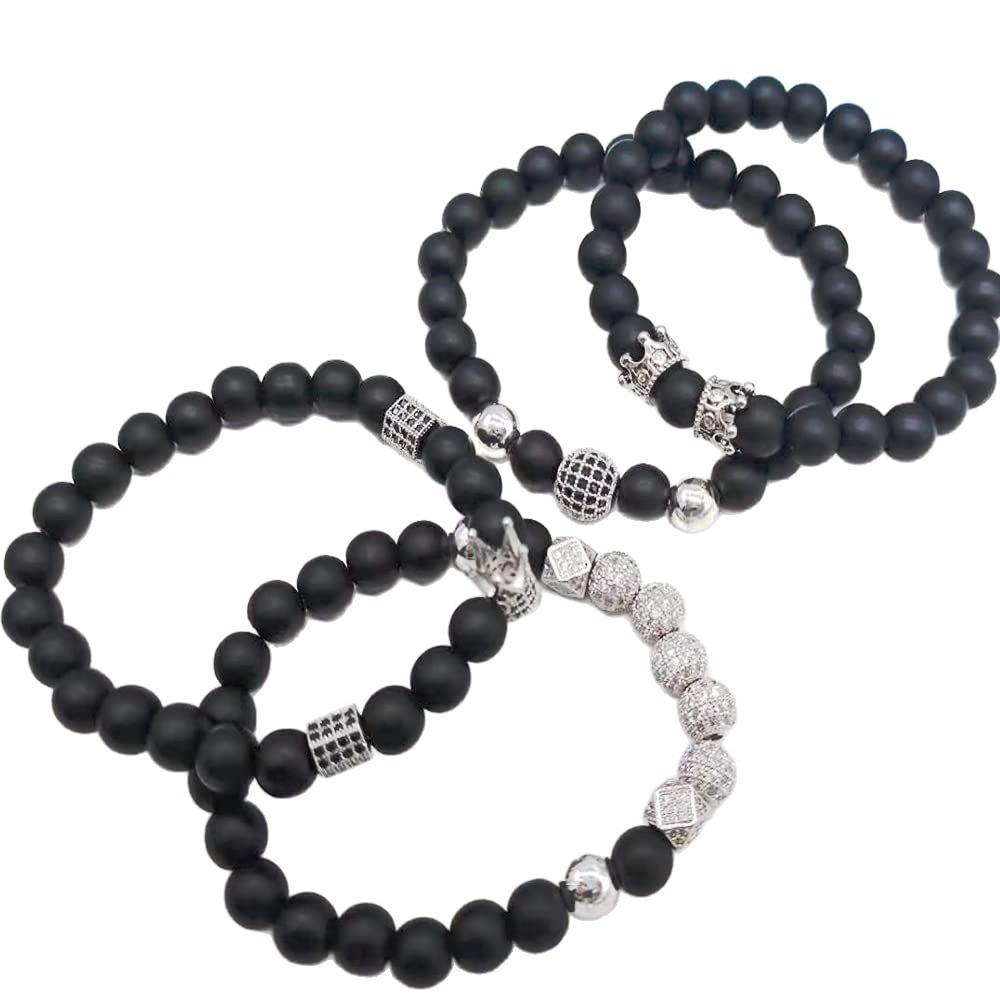 8Mm Black Matte Crown Bracelet Hexagonal Zircon Inlaid Four-piece Bracelet Gold Crown Black Matte Bracelet